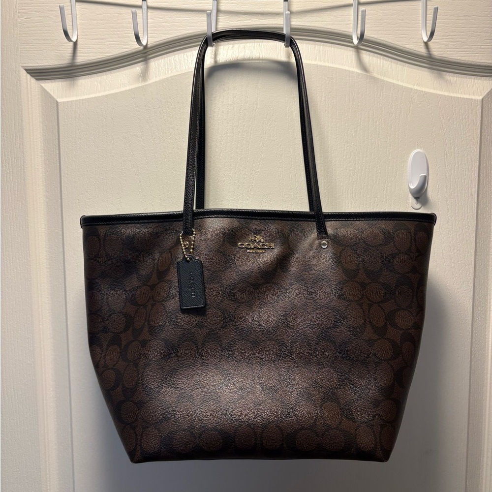 Coach Dark Brown Signature Canvas Tote with Black Trim